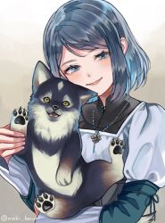 Rule 34 | 1girl, animal, blue eyes, bob cut, child, dog, dress, final fantasy, final fantasy xvi, grey background, grey hair, highres, holding, holding animal, holding dog, jewelry, jill warrick, juliet sleeves, light blush, long sleeves, looking at viewer, maki haruki, necklace, parted lips, puffy sleeves, puppy, short hair, smile, swept bangs, torgal (ff16), twitter username, upper body, white dress, yellow eyes