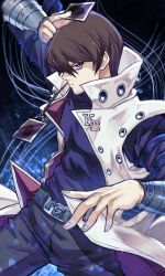Rule 34 | 1boy, belt, blue eyes, brown hair, card, coat, highres, holding, holding card, kaiba seto, long sleeves, looking at viewer, male focus, open clothes, open coat, pants, shirt, short hair, sleeveless, sleeveless coat, solo, tomaton (t 0), white coat, yu-gi-oh!, yu-gi-oh! duel monsters