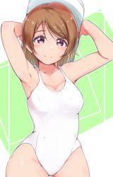 Rule 34 | 1girl, absurdres, ankoiri, armpits, arms up, blush, breasts, brown hair, cleavage, collarbone, green background, highres, holding, koizumi hanayo, looking at viewer, love live!, love live! school idol project, medium breasts, one-piece swimsuit, purple eyes, short hair, smile, solo, swimsuit, wet, white one-piece swimsuit