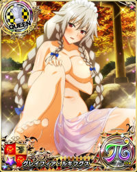 Rule 34 | 1girl, barefoot, blue bow, blush, bow, braid, breasts, card (medium), censored, chess piece, feet, female focus, grayfia lucifuge, grey hair, hair bow, hair censor, high school dxd, large breasts, long hair, looking at viewer, maid headdress, mature female, navel, censored nipples, nude, official art, queen (chess), red eyes, smile, solo, toes, towel, twin braids, wet