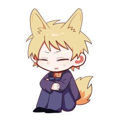 Rule 34 | 1boy, animal ears, atou haruki, black footwear, black jacket, black pants, blonde hair, closed eyes, commentary request, deformed, fox boy, fox ears, fox tail, highres, jacket, long sleeves, male focus, momona (pzjmqfcgwn85819), open clothes, open jacket, open mouth, orange sweater, pants, ribbed sweater, saibou shinkyoku, short hair, simple background, solo, sweat, sweater, tail, white background