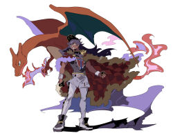 Rule 34 | 1boy, absurdres, apios, arm at side, baseball cap, beard, black gloves, black headwear, breath weapon, breathing fire, cape, charizard, clenched hand, closed mouth, creatures (company), cross-laced footwear, dark-skinned female, dark skin, dragon, facial hair, fang, fang out, fire, flame-tipped tail, fur-trimmed cape, fur trim, game freak, gen 1 pokemon, gloves, green eyes, grin, happy, hat, highres, holding, holding poke ball, leggings, leon (pokemon), long hair, male focus, nintendo, partially fingerless gloves, poke ball, pokemon, pokemon (creature), pokemon swsh, purple hair, red cape, red shirt, shirt, shirt tucked in, shoes, short shorts, short sleeves, shorts, sidelocks, simple background, single glove, smile, sweatband, teeth, ultra ball, white background, white footwear, white leggings, white shorts, yellow eyes