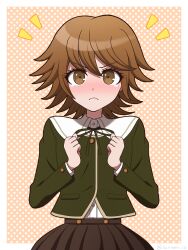 Rule 34 | 1boy, blush, brown eyes, brown hair, brown skirt, clenched hands, cowboy shot, danganronpa: trigger happy havoc, danganronpa (series), dress shirt, frown, fujisaki chihiro, green jacket, hands up, highres, jacket, looking at viewer, male focus, medium hair, neck ribbon, notice lines, pleated skirt, ribbon, shirt, shirt tucked in, skirt, solo, suiren yurei, trap, white shirt