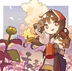 Rule 34 | 1girl, :d, brown eyes, brown gloves, brown hair, chibi, cloud, dress, falcon (girls&#039; frontline), flower, girls&#039; frontline, gloves, hand up, harufude, head scarf, highres, looking to the side, open mouth, puffy short sleeves, puffy sleeves, shirt, short sleeves, sidelocks, smile, solo, water, watering can, white shirt