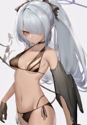 Rule 34 | 1girl, absurdres, bare shoulders, bikini, black bikini, black bow, black choker, black gloves, blue archive, bow, breasts, choker, closed mouth, commentary request, demon girl, demon tail, gloves, grey background, grey hair, hair bow, hair over one eye, halo, highres, iori (blue archive), iori (swimsuit) (blue archive), long hair, looking at viewer, official alternate costume, pointy ears, purple halo, red eyes, seseri aoba, side-tie bikini bottom, simple background, small breasts, solo, swimsuit, tail, twintails, unworn eyewear, upper body, v-shaped eyebrows