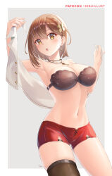Rule 34 | 1girl, :o, atelier (series), atelier ryza, atelier ryza 2, belt, beret, black bra, black choker, border, bra, braid, breasts, brown eyes, brown hair, brown thighhighs, choker, cleavage, collared shirt, commentary request, contrapposto, drop earrings, earrings, hair between eyes, hat, highres, holding, holding clothes, holding shirt, jewelry, key, key necklace, large breasts, light blush, looking at viewer, navel, necklace, outside border, patreon username, red shorts, reisalin stout, sebu illust, shirt, short shorts, shorts, signature, simple background, single earring, single thighhigh, sleeveless, sleeveless shirt, solo, star (symbol), star earrings, thigh belt, thigh strap, thighhighs, underwear, undressing, white border, white shirt
