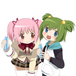 Rule 34 | 10s, 2girls, bent over, blue eyes, bow, bowtie, breasts, chitose yuma, green hair, hair bobbles, hair ornament, hair ribbon, happy, hood, hoodie, kaname madoka, kuro chairo no neko, long sleeves, mahou shoujo madoka magica, mahou shoujo oriko magica, multiple girls, open mouth, pink eyes, pink hair, ribbon, school uniform, short hair, short twintails, skirt, small breasts, smile, thighhighs, transparent background, tupet, twintails, two side up, white background, white legwear