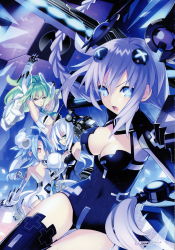 Rule 34 | 4girls, absurdres, arms up, ass, black heart (neptunia), blanc (neptunia), blue hair, bodysuit, braid, breasts, choujigen game neptune, cleavage, cleavage cutout, clothing cutout, flat chest, green hair, green heart (neptunia), hair ornament, highres, holding, holding sword, holding weapon, large breasts, long hair, looking at viewer, looking back, medium breasts, multiple girls, neptune (neptunia), neptune (series), noire (neptunia), official art, open mouth, ponytail, power symbol, power symbol-shaped pupils, purple eyes, purple hair, purple heart (neptunia), red eyes, scan, simple background, sleeveless, smile, sword, symbol-shaped pupils, thighhighs, tsunako, twin braids, twintails, vert (neptunia), weapon, white hair, white heart (neptunia)