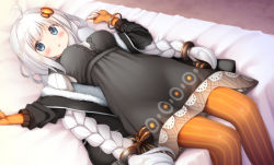 Rule 34 | 1girl, :o, ahoge, bad id, bad pixiv id, bed, black dress, black jacket, blue eyes, blush, braid, breasts, dress, elbow gloves, feet out of frame, fingerless gloves, gloves, hair ornament, jacket, kizuna akari, long hair, long sleeves, low twintails, lying, medium breasts, murano, on back, on bed, open clothes, open jacket, orange gloves, orange pantyhose, pantyhose, parted lips, solo, star (symbol), striped clothes, striped gloves, striped pantyhose, twin braids, twintails, vertical-striped clothes, vertical-striped gloves, vertical-striped pantyhose, very long hair, voiceroid, white hair