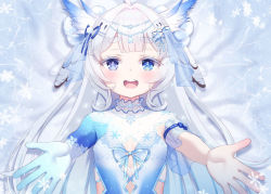 Rule 34 | 1girl, :d, ahoge, blue dress, blue eyes, blue ribbon, chitosezaka suzu, commentary request, commission, dress, hair intakes, indie virtual youtuber, long hair, looking at viewer, mikazuki silvi, open mouth, owl ears, ribbon, short eyebrows, skeb commission, smile, solo, teeth, thick eyebrows, upper body, upper teeth only, very long hair, virtual youtuber, white hair