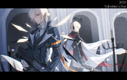 Rule 34 | 2boys, absurdres, arch, arknights, bieshi, black gloves, black jacket, black vest, blonde hair, blue coat, blue eyes, candlestand, cape, coat, collared shirt, commentary, cowboy shot, dated, earpiece, enforcer (arknights), english commentary, english text, executor (arknights), executor the ex foedere (arknights), fingerless gloves, gloves, green necktie, gun, hair over one eye, halo, highres, holding, holding gun, holding weapon, indoors, jacket, letterboxed, looking at viewer, looking to the side, multiple boys, necktie, parted lips, purple eyes, red scarf, scarf, shaded face, shirt, vest, weapon, white cape, white gloves, white shirt, wings