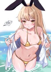 Rule 34 | 1girl, alternate costume, bikini, blonde hair, blush, breasts, calin, collarbone, gold bikini, hairband, highres, kantai collection, long hair, looking at viewer, navel, open clothes, open mouth, shimakaze (kancolle), small breasts, solo, stomach, swimsuit, yellow eyes
