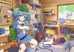 Rule 34 | 2girls, airbrush, backpack, bag, bird, blouse, blue eyes, blue hair, boots, box, broom, cable, cardboard box, electric fan, electric plug, forest, hair bobbles, hair ornament, hat, kawashiro nitori, kirisame marisa, looking at viewer, mechanical arms, monmonga, multiple girls, nature, open clothes, open shirt, over shoulder, pincers, puffy sleeves, radio, shed, shelf, shirt, short sleeves, shoulder bag, silhouette, single mechanical arm, sitting, skirt, tools, touhou, twintails, two side up, window, wrench