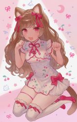 Rule 34 | 1girl, :3, :d, animal ears, bare arms, bow, brown hair, cat ears, cat girl, cat tail, cherry print, commentary request, dress, eyelashes, fang, fingernails, flats, food print, full body, hair bow, hands up, highres, lace, lace-trimmed legwear, lace trim, looking at viewer, maomao (marble creators), marblecreators, miyako (xxxbibit), nail polish, neck ribbon, open mouth, paw pose, pink background, pink bow, pink eyes, pink footwear, pink nails, pink ribbon, pink theme, print dress, ribbon, shoes, short dress, simple background, sitting, sleeveless, sleeveless dress, smile, solo, swept bangs, tail, thigh strap, thighhighs, two-tone background, virtual youtuber, wavy hair, white background, white dress, white thighhighs