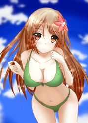 Rule 34 | 10s, afro (5426362), amagi (kancolle), bikini, breasts, brown eyes, brown hair, cleavage, green bikini, highres, kantai collection, large breasts, long hair, solo, swimsuit