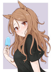 Rule 34 | 1girl, absurdres, alternate costume, animal ears, black shirt, blush, border, brown eyes, brown hair, food, from side, highres, holding, holding food, holding ice cream, holding popsicle, horse ears, horse girl, ice cream, king halo (umamusume), long hair, looking at viewer, looking to the side, popsicle, popsicle stick, purple background, shijimi (sijimi1917), shirt, short sleeves, simple background, solo, sweat, t-shirt, umamusume, very sweaty, white border