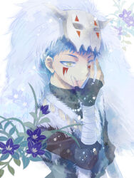 Rule 34 | 1boy, akatsuki no yona, bandages, black gloves, blue flower, blue hair, closed mouth, facial mark, facing to the side, fingerless gloves, flower, gimmick-asahi, gloves, korean clothes, looking at viewer, male focus, short hair, shin-ah (akatsuki no yona), slit pupils, solo, white background, yellow eyes