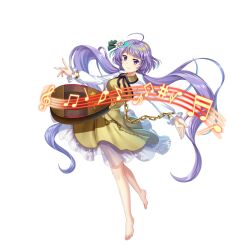 Rule 34 | 1girl, barefoot, biwa lute, chain, dress, flower, full body, game cg, hair flower, hair ornament, highres, instrument, long hair, long sleeves, looking at viewer, lute (instrument), musical note, purple eyes, purple hair, rotte (1109), simple background, solo, third-party source, touhou, touhou lostword, tsukumo benben, very long hair, white background, white flower, yellow dress