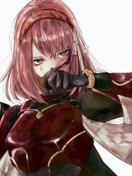 Rule 34 | 1girl, armor, black gloves, blood, blood on face, fire emblem, fire emblem engage, gloves, hair ribbon, hairband, highres, hk 539099410, lapis (fire emblem), looking at viewer, medium hair, nintendo, pink eyes, pink hair, red armor, ribbon, solo, white background, white ribbon