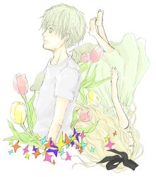 Rule 34 | 00s, 1boy, 1girl, back-to-back, barefoot, black ribbon, blonde hair, closed eyes, dress, flower, from side, green eyes, hair ribbon, hanamoto hagumi, honey and clover, ribbon, shirt, simple background, sleeveless, sleeveless dress, t-shirt, takemoto yuuta, tulip, upside-down, white background
