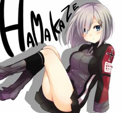 Rule 34 | 1girl, anchor, bad id, bad pixiv id, black skirt, black socks, blue eyes, boots, breasts, character name, cosplay, cross, gloves, hair ornament, hair over one eye, hairclip, hamakaze (kancolle), iron cross, kantai collection, kneehighs, knees up, large breasts, legs up, long sleeves, looking at viewer, microskirt, military, military uniform, pleated skirt, prinz eugen (kancolle), prinz eugen (kancolle) (cosplay), short hair, silver hair, simple background, skirt, socks, solo, uniform, white background, white gloves, yukichi (eikichi)