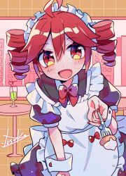 Rule 34 | 1girl, ahoge, apron, artist name, back bow, black dress, blush, bow, dress, drill hair, fork, glass, grid background, hair between eyes, holding, holding fork, kasane teto, looking at viewer, maid, maid apron, maid headdress, open mouth, orange background, pov, red bow, red eyes, red hair, sidelocks, signature, smile, solo, table, grid background, twin drills, utau, white bow, window, yuusuke-kun