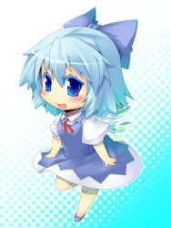Rule 34 | 1girl, :d, blue eyes, blue hair, blush, chibi, cirno, dress, highres, ice, ice wings, kokka han, matching hair/eyes, open mouth, outline, short hair, smile, solo, touhou, wings