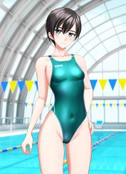 Rule 34 | 1girl, absurdres, androgynous, aqua one-piece swimsuit, black hair, blue eyes, blurry, blurry background, breasts, clothes writing, commentary request, competition swimsuit, contrapposto, covered navel, cowboy shot, flag, hand on own hip, highres, indoors, light smile, looking at viewer, medium breasts, one-piece swimsuit, original, pool, short hair, solo, standing, string, swimsuit, takafumi