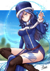 Rule 34 | 1girl, adsouto, blue capelet, blue dress, blue eyes, blue hair, blue headwear, blurry, blurry background, blush, boots, breasts, brown footwear, capelet, closed mouth, covered navel, dress, fairy tail, fur-trimmed capelet, fur-trimmed headwear, fur-trimmed sleeves, fur trim, hair between eyes, highres, juvia lockser, leg tattoo, long hair, long sleeves, medium breasts, side slit, signature, sitting, smile, solo, tattoo, thigh boots, thighhighs, water