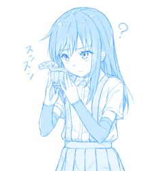 Rule 34 | 1girl, ?, arm warmers, asashio (kancolle), blue theme, commentary request, cowboy shot, cup, disposable cup, dress, dress shirt, food, gotou hisashi, holding, kantai collection, long hair, monochrome, pleated dress, pudding, shirt, short sleeves, skirt, solo, suspender skirt, suspenders, translated, upper body