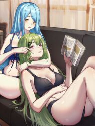 Rule 34 | 2girls, 3 small spiders, absurdres, bare shoulders, black bra, black panties, blue bra, blue hair, blue panties, blush, book, bra, breasts, cleavage, collarbone, feet out of frame, finger to cheek, girls&#039; frontline, grey hair, hair ornament, hairclip, hand on own stomach, highres, holding, holding book, long hair, looking at another, m249 saw (girls&#039; frontline), medium breasts, mk48 (girls&#039; frontline), multiple girls, navel, open mouth, panties, red eyes, sidelocks, sitting, thighs, underwear, very long hair, yellow eyes