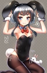 Rule 34 | 1girl, 1other, absurdres, adapted costume, animal ears, artist name, black hair, black leotard, black pantyhose, bow, bowtie, brown eyes, detached collar, fake animal ears, grey background, highres, kantai collection, leotard, looking at viewer, lowleg, lowleg pantyhose, pantyhose, playboy bunny, polka dot, polka dot background, rabbit, rabbit ears, rabbit tail, red neckwear, short hair, short hair with long locks, sidelocks, sile, strapless, strapless leotard, tail, thighband pantyhose, tokitsukaze (kancolle), wavy mouth, wrist cuffs, yufuissei0702