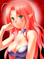 Rule 34 | 1girl, 47agdragon, ahoge, bare shoulders, blush, breasts, choker, cleavage, collarbone, green eyes, hand in own hair, long hair, looking at viewer, original, parted bangs, pink hair, pointy ears, solo, upper body
