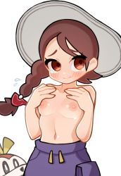 Rule 34 | 1girl, absurdres, bad id, bad twitter id, blush, braid, breasts, brown eyes, brown hair, closed mouth, collarbone, creatures (company), embarrassed, eyelashes, flying sweatdrops, fuecoco, game freak, grey headwear, hands up, hat, highres, juliana (pokemon), long hair, looking away, navel, nintendo, nipples, pokemon, pokemon (creature), pokemon sv, purple shorts, shiny skin, shorts, sweelan, tearing up, topless, white background