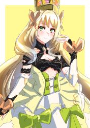 Rule 34 | 1girl, absurdres, blonde hair, blush, bow, breasts, butterfly hair ornament, celine (fire emblem), cleavage, closed mouth, crown, detached sleeves, dress, dress bow, fire emblem, fire emblem engage, flower, green bow, green eyes, hair flower, hair ornament, highres, long hair, looking at viewer, nintendo, orange bow, small breasts, smile, solo, to (tototo tk), very long hair, wrist bow, yellow background
