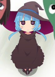 Rule 34 | 1girl, blue hair, blunt bangs, blurry, blurry foreground, boots, cloak, facial mark, from above, hat, high collar, highres, jitome, kobayashi-san chi no maidragon, long hair, looking at viewer, low twintails, mask, pointy ears, purple eyes, samansa ex, smile, solo, twintails, whisker markings, witch, witch (kobayashi-san), witch hat