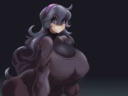 Rule 34 | 1girl, @ @, aura, breasts, covered erect nipples, creatures (company), dark background, dotil, dress, game freak, hex maniac (pokemon), highres, huge breasts, long hair, looking at viewer, matching hair/eyes, messy hair, nintendo, nipples, pokemon, pokemon xy, purple eyes, purple hair, shadow over face, smile, suphesol, upper body