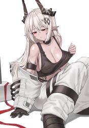 Rule 34 | 1girl, arknights, armband, black choker, black gloves, black tank top, breasts, choker, cleavage, commentary, gloves, hammer, highres, horns, knees up, large breasts, long hair, material growth, midriff, mudrock (arknights), oripathy lesion (arknights), parted lips, pointy ears, red eyes, siguya, simple background, single glove, sitting, solo, tank top, very long hair, weapon, white background, white hair