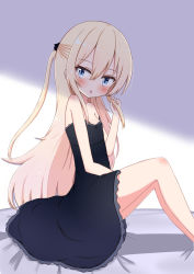 Rule 34 | 1girl, :o, absurdres, bare arms, bare shoulders, bed sheet, black dress, blonde hair, blue eyes, blush, breasts, child, commentary request, dress, feet out of frame, from side, hair between eyes, highres, jiu (sdesd3205), knees up, long hair, looking at viewer, looking to the side, original, parted lips, ponytail, sitting, sleeveless, sleeveless dress, small breasts, solo, strap slip, very long hair