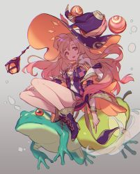 Rule 34 | + +, 1girl, air bubble, ball, bare legs, boots, breasts, bubble, capelet, cross-laced footwear, detached sleeves, dress, floating hair, food, frog, fruit, full body, gradient background, gradient hair, grey background, hat, high heels, highres, index finger raised, lee hyeseung, light brown hair, long hair, looking at viewer, medium breasts, multicolored hair, open mouth, original, pear, pink hair, purple dress, purple footwear, red eyes, short dress, smile, solo, wide sleeves, witch, witch hat