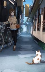 Rule 34 | 1girl, air conditioner, alley, bag, bicycle, black legwear, blush, brown eyes, brown hair, cat, city, commentary, day, handbag, kyoto, light smile, looking to the side, original, plant, potted plant, real world location, sakeharasu, sidelocks, solo, sweater, vanishing point, walking