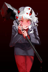 Rule 34 | 1girl, black horns, black skirt, black suit, blood, blood on clothes, blood on hands, bloody weapon, blush, breasts, commentary, demon girl, demon horns, formal, gagmoo, gradient background, hammer, heart, heart-shaped pupils, helltaker, highres, holding, holding hammer, horns, large breasts, long hair, long sleeves, looking at viewer, modeus (helltaker), pantyhose, pencil skirt, red background, red eyes, red pantyhose, red sweater, ribbed sweater, saliva, saliva trail, simple background, skirt, solo, suit, sweater, symbol-shaped pupils, tongue, tongue out, turtleneck, weapon, white hair