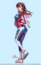 Rule 34 | 1girl, acronym, adapted costume, animal print, arched back, artist name, ass, backpack, bag, blue background, blue bodysuit, bodysuit, breasts, brown eyes, brown hair, candy, casual, character name, charm (object), clothes writing, crossover, d.va (overwatch), dragon print, eyelashes, facepaint, facial mark, food, full body, hands in pockets, headphones, high collar, highres, hood, hoodie, inhyuk lee, leg up, lips, lollipop, long hair, looking at viewer, looking to the side, making-of available, medium breasts, mouth hold, nose, overwatch, overwatch 1, pilot suit, pink lips, rabbit print, ribbed bodysuit, shoes, shoulder pads, signature, silk, skin tight, sneakers, solo, spider web, swept bangs, unzipped, walking, watermark, web address, whisker markings