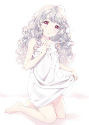 Rule 34 | 1girl, ahoge, arm up, bare arms, barefoot, clothes lift, curly hair, dress, dress lift, finger to own chin, flat chest, hair ribbon, head tilt, kneeling, lifting own clothes, light purple hair, long hair, looking at viewer, original, parted lips, purple eyes, ribbon, simple background, sleeveless, sleeveless dress, solo, unya (unya-unya), white background, white dress