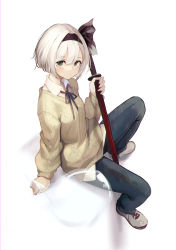 Rule 34 | 1girl, absurdres, alternate costume, arm support, beige footwear, beige sweater, black hairband, black pants, black ribbon, blouse, breasts, closed mouth, collared shirt, commentary request, contemporary, denim, green eyes, grey footwear, hair ribbon, hairband, highres, hitodama, holding, holding sword, holding weapon, jeans, knee up, konpaku youmu, konpaku youmu (ghost), light blush, long sleeves, looking at viewer, looking to the side, lumo 1121, neck ribbon, pants, ribbon, scabbard, sheath, sheathed, shirt, short hair, sidelocks, simple background, sitting, small breasts, solo, sweater, sword, touhou, transparent, undershirt, untucked shirt, weapon, white background, white hair, white shirt, wing collar, yellow sweater