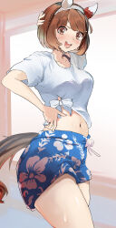 Rule 34 | absurdres, animal ears, arm up, blue shorts, blush, braid, brown eyes, brown hair, commentary request, cowboy shot, crown braid, ear covers, fagrp12, floral print, gaze on me! outfit (umamusume), hairband, hand on own hip, highres, horse ears, horse girl, horse tail, looking at viewer, midriff, navel, open mouth, shirt, short hair, short sleeves, shorts, smile, tail, teeth, tied shirt, umamusume, upper teeth only, white hairband, white shirt, yukino bijin (umamusume)