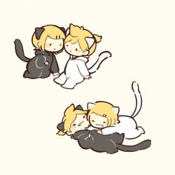 Rule 34 | 1boy, 1girl, animal costume, animal ears, blonde hair, blush stickers, cat costume, cat ears, cat tail, chibi, fake animal ears, fake tail, full body, hair ornament, hairclip, happy, kagamine len, kagamine rin, kneeling, laughing, lilija, lying, multiple views, on back, on stomach, one eye closed, short hair, simple background, sitting, tail, vocaloid, white background