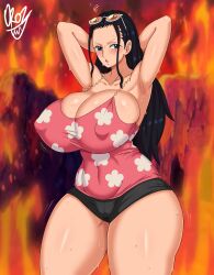 Rule 34 | 1girl, absurdres, armpits, arms behind head, arms up, black hair, black shorts, blue eyes, blush, bouncing breasts, breasts, camisole, cleavage, commentary, covered erect nipples, english commentary, eyewear on head, fiery background, fire, floral print, highres, hot, huge breasts, long hair, motion lines, nico robin, one piece, open mouth, oroz kun, short shorts, shorts, sidelocks, signature, skin tight, sleeveless, sunglasses, sweat, thick thighs, thighs