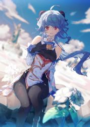 Rule 34 | 1girl, ahoge, bell, black bodysuit, black gloves, blue hair, blurry, blurry background, blurry foreground, bodysuit, breasts, day, detached sleeves, flower, ganyu (genshin impact), genshin impact, gloves, hair between eyes, hand on own chest, highres, horns, long hair, looking at viewer, medium breasts, nakaba (mode), outdoors, parted lips, pink eyes, signature, sky, solo, white flower