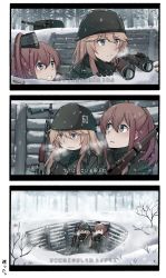 Rule 34 | 2girls, 3koma, alternate costume, black gloves, blonde hair, blue eyes, bolt action, brown hair, comic, commentary request, gloves, gun, hair between eyes, highres, ido (teketeke), iowa (kancolle), kantai collection, long hair, long sleeves, m1903 springfield, multiple girls, open mouth, rifle, saratoga (kancolle), side ponytail, snow, snowing, star-shaped pupils, star (symbol), symbol-shaped pupils, telescope, translation request, weapon